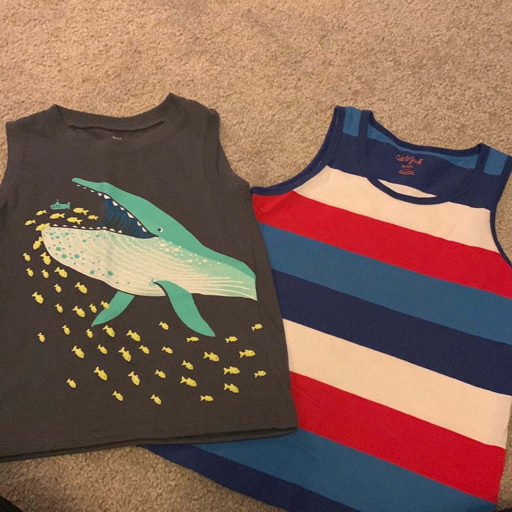 Selling 2 kids tank tops cute 1. whale and 2. red white blue size 5T and 4/5 XS